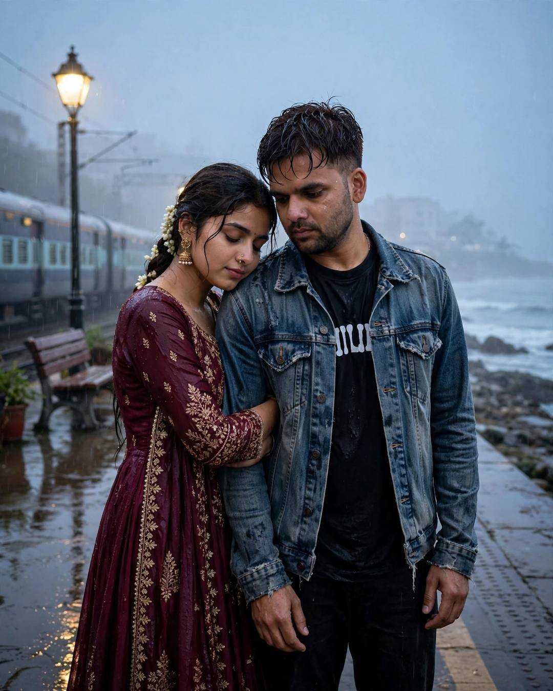 A sandcastle built carefully together with one — Beach Couple cinematic AI portrait: distressed denim jacket over black tee, damp rain-wet hair at park bench under a lone lamp, ocean as witness, melancholic mood