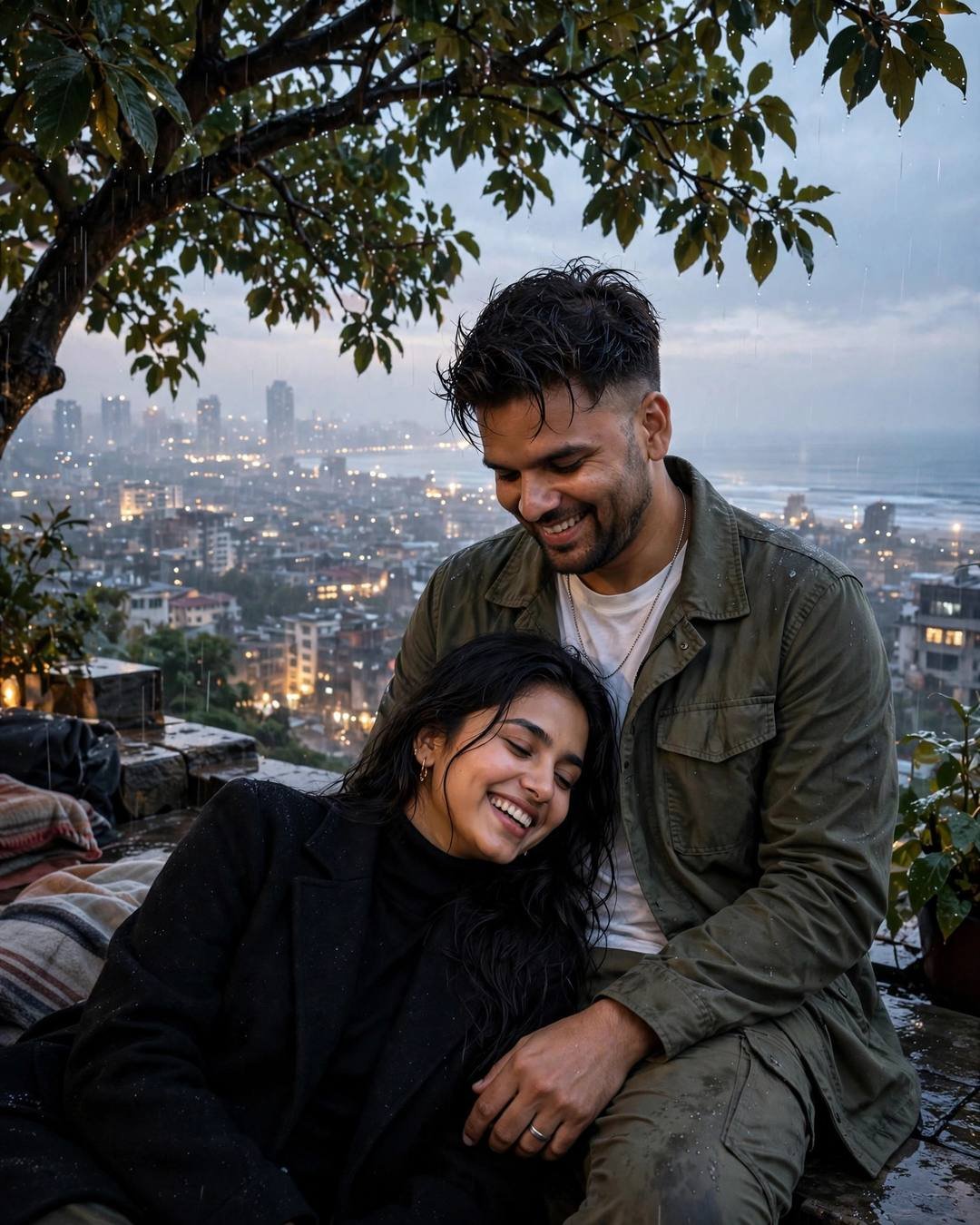 Her hair wild in sea wind, his — Beach Couple cinematic AI portrait: olive field jacket, white tee, cargo pants, towel-dried tousled hair at rooftop overlooking sleeping city lights, ocean as witness, aching mood