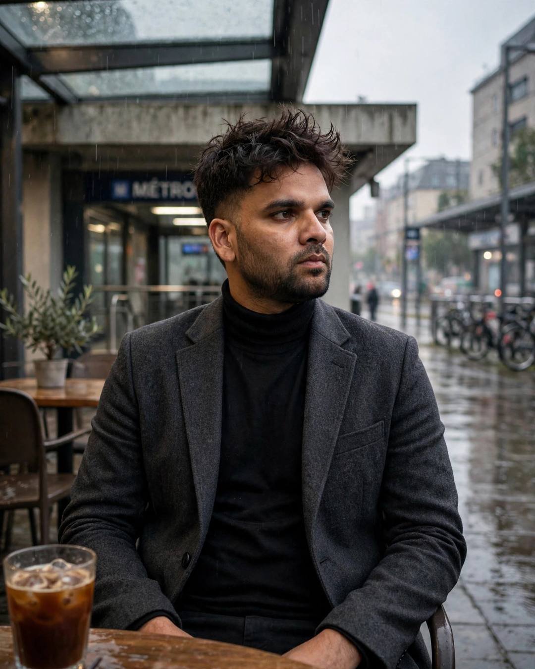 Midnight suit, rooftop party blur — Black Outfit cinematic AI portrait: charcoal blazer, black turtleneck, slightly messy morning hair at midnight metro station, dressed in midnight, fragile mood