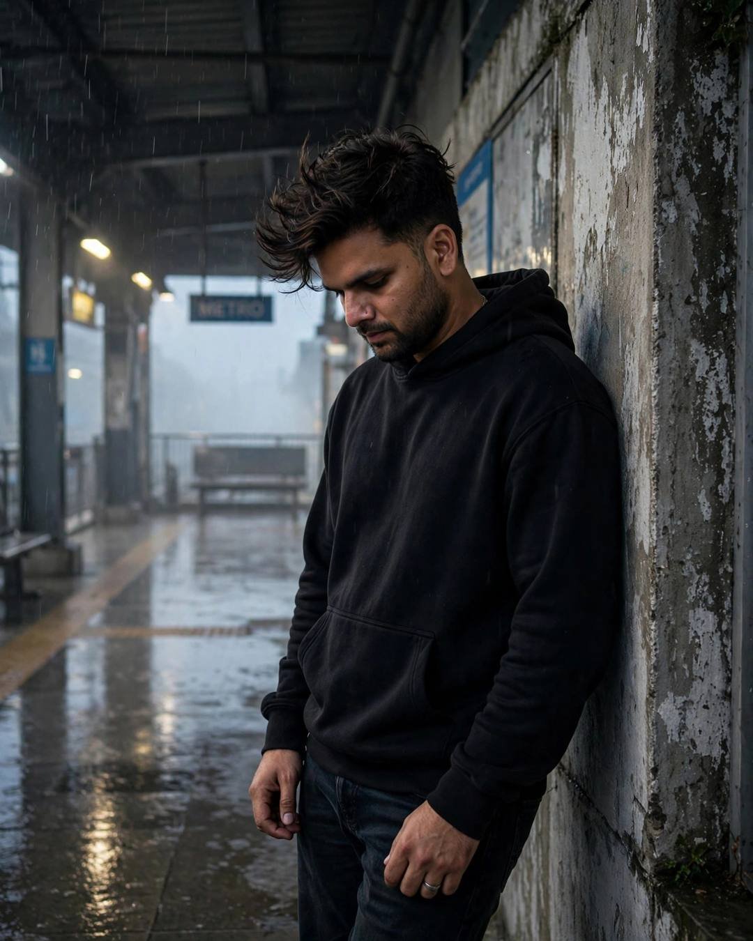 Noir trench coat sweeping past dark puddles — Black Outfit cinematic AI portrait: black oversized hoodie and dark jeans, windswept textured hair at midnight metro station, dressed in midnight, tender mood