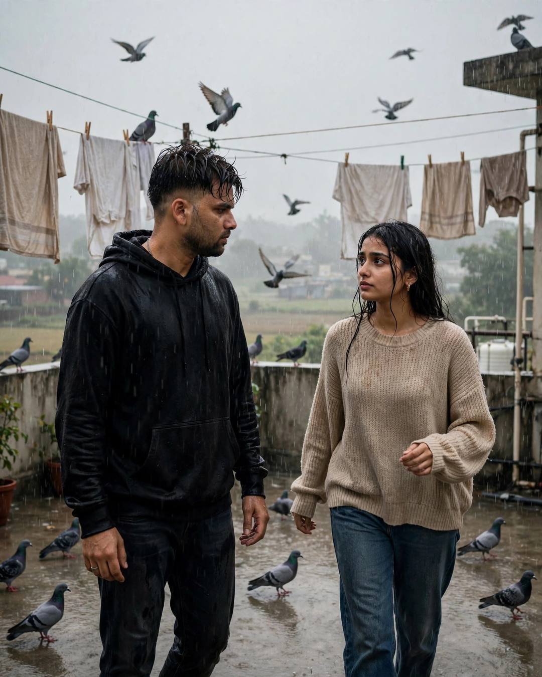 Young Indian couple on a rainy terrace with clotheslines and pigeons, standing apart in monsoon light