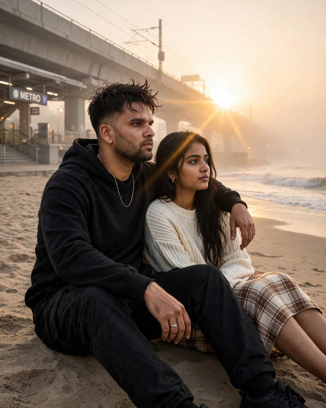 Young Indian couple sitting on sand by the waves near a metro station at dawn, his arm around her