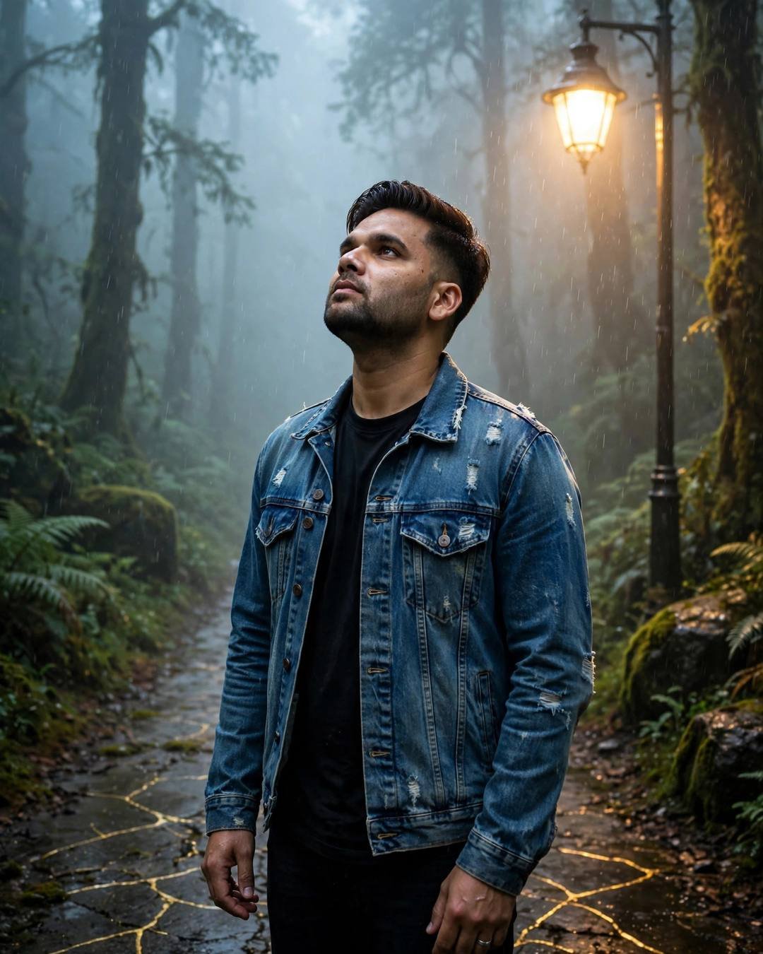 Cinematic AI photograph of a young man — sprinting up the empty stadium stairs long — at standing under a streetlamp in the rain, face lifted to the sky at misty forest path, cracks filled with gold, wistful mood