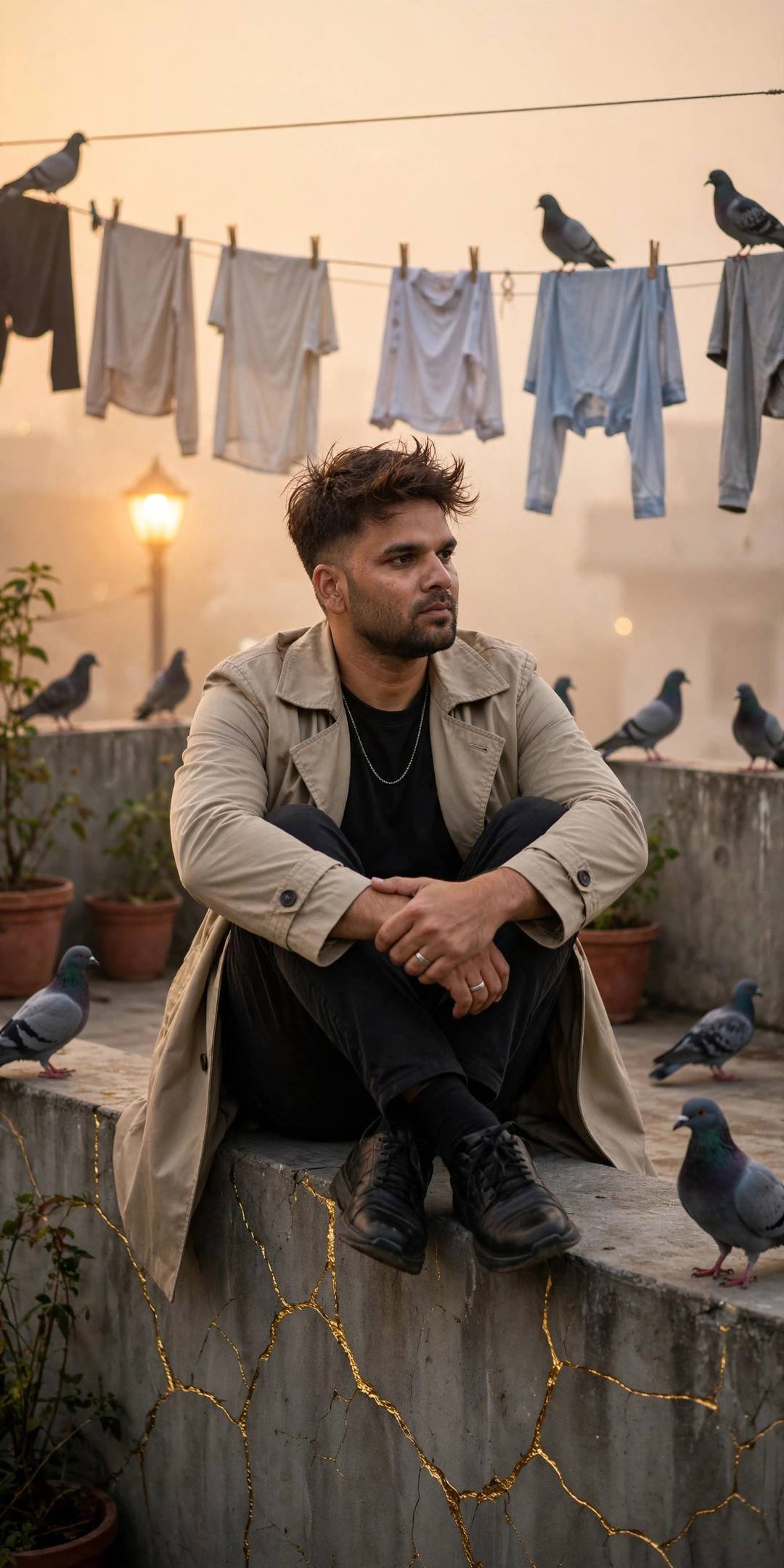 Cinematic AI photograph of a young man — lifting weights as the sun rises — at sitting with knees drawn up, arms wrapped around legs at terrace with drying clothes lines and pigeons, cracks filled with gold, tender mood