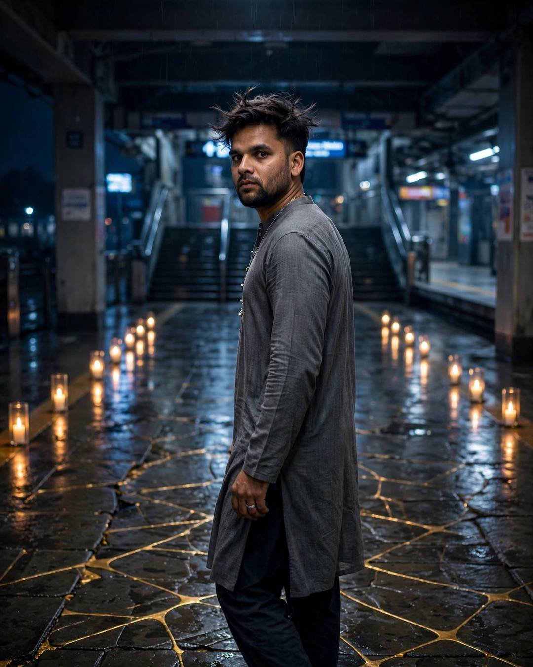Cinematic AI photograph of a young man — standing tall in the rain he once — at walking away from the camera down an empty path at midnight metro station, cracks filled with gold, wistful mood