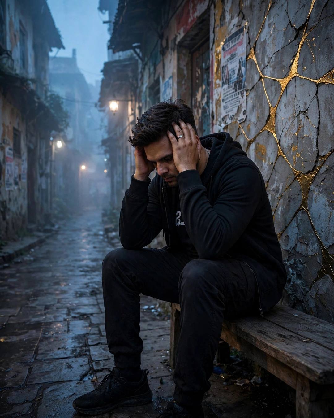 Cinematic AI photograph of a young man — helping raise a village school wall with — at sitting on station bench, elbows on knees, head in hands at narrow old-city lane with peeling walls, cracks filled with gold, electric mood