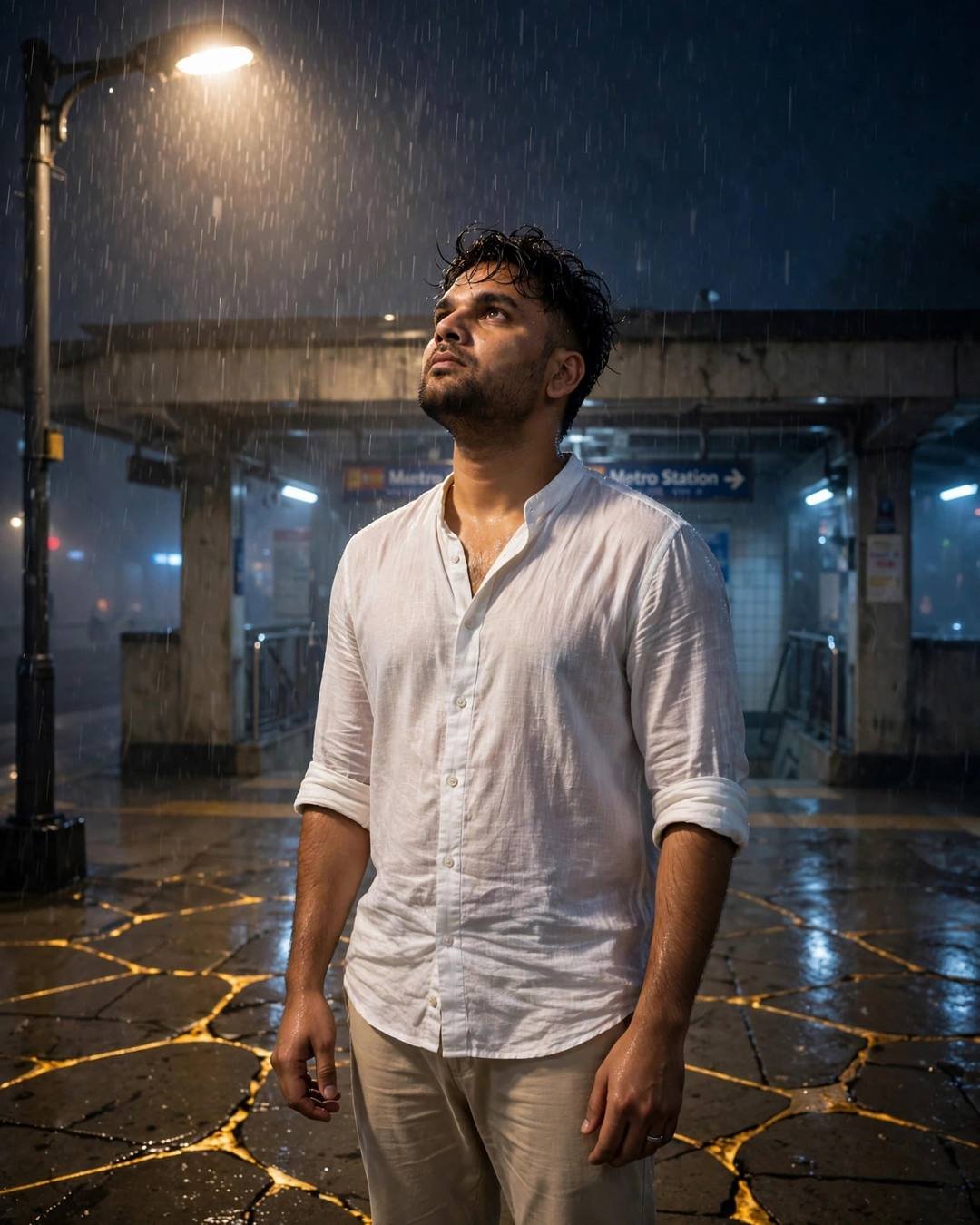 Cinematic AI photograph of a young man — rebuilt muscle and calm steady eyes staring — at standing under a streetlamp in the rain, face lifted to the sky at midnight metro station, cracks filled with gold, wistful mood