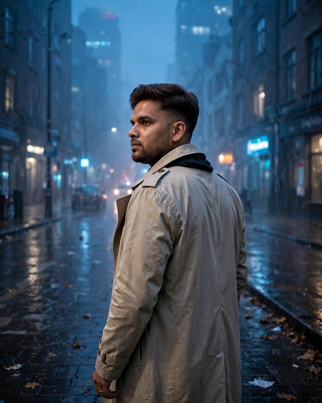 Man in beige trench coat looking back over his shoulder on a rain-soaked city street at midnight with soft blue-hour glow and fog