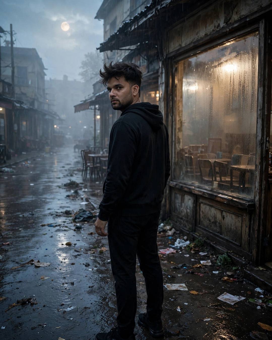 Man in all-black streetwear looking back over his shoulder beside a fogged cafe window on a wet street at dawn with moonlight