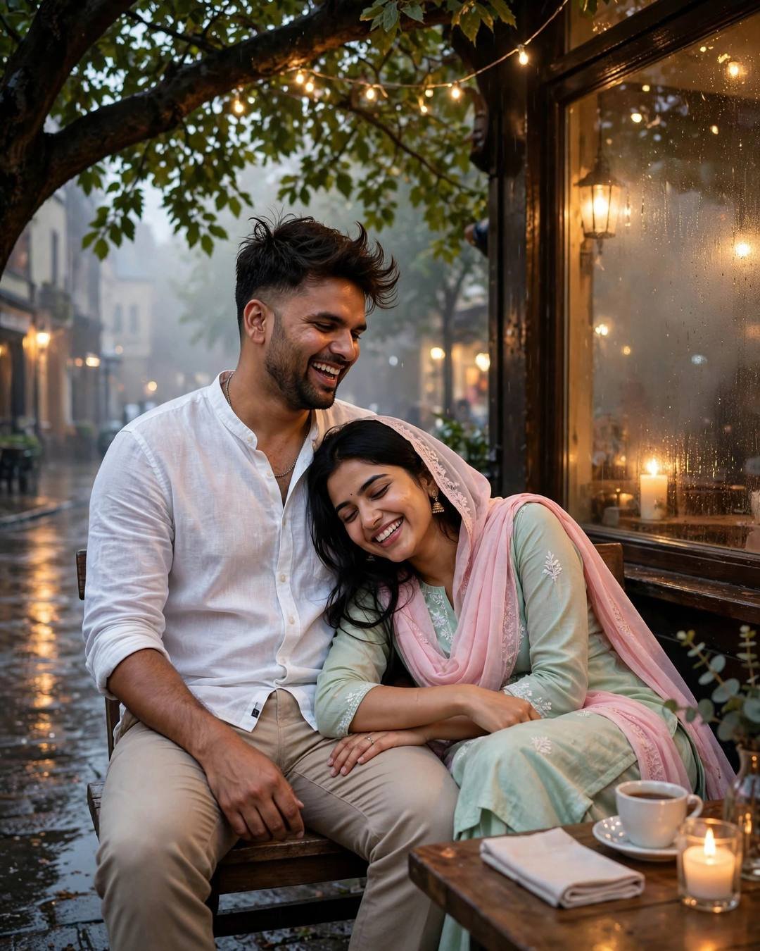 Watching steam rise from two bowls of — Café Couple cinematic AI portrait: white linen shirt with rolled sleeves, beige trousers, windswept textured hair at old cafe by a fogged window, cozy corners, passionate mood