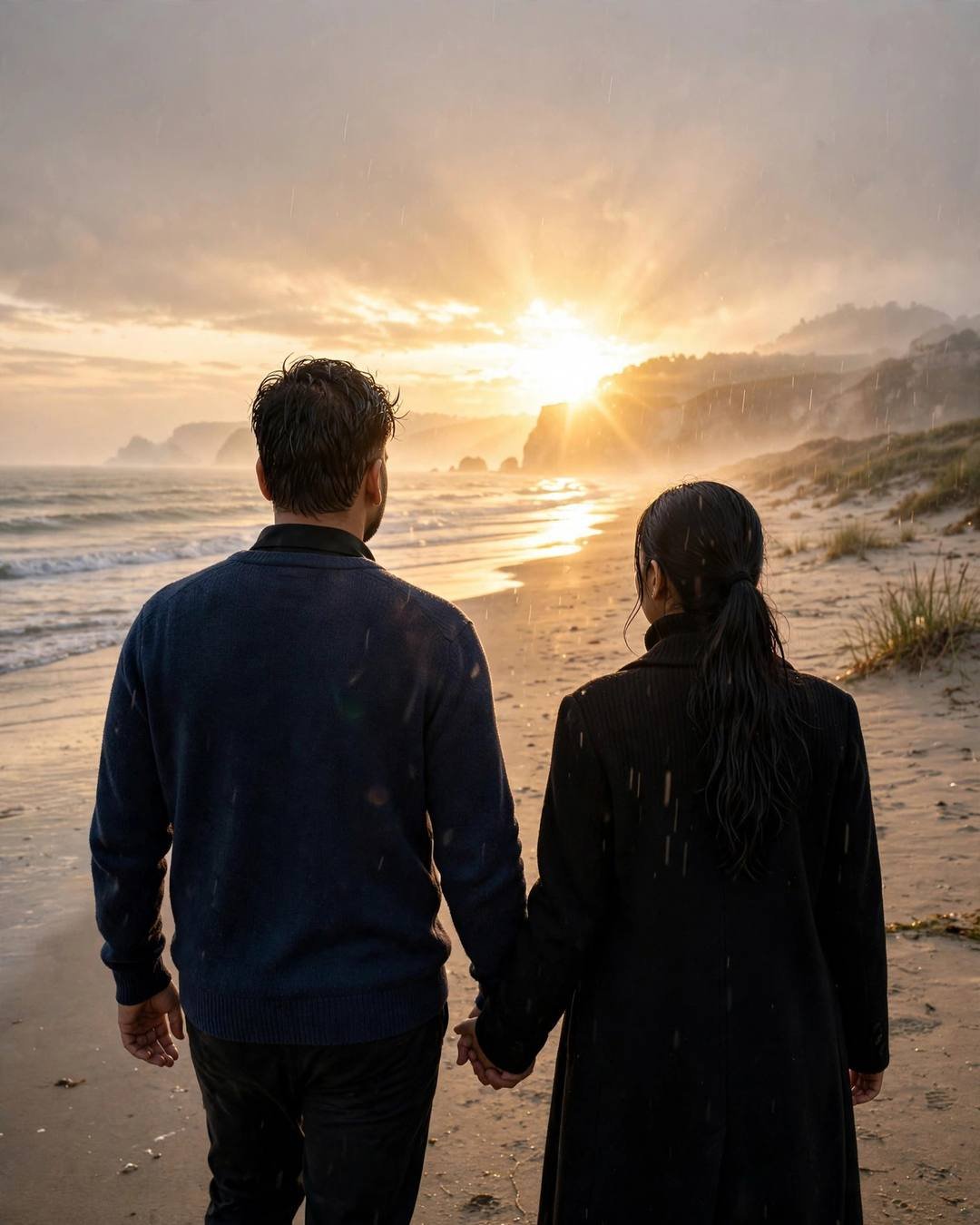 A waiter bringing one bill while both — Café Couple cinematic AI portrait: navy sweater over collared shirt, towel-dried tousled hair at dusk, cozy corners, fragile mood
