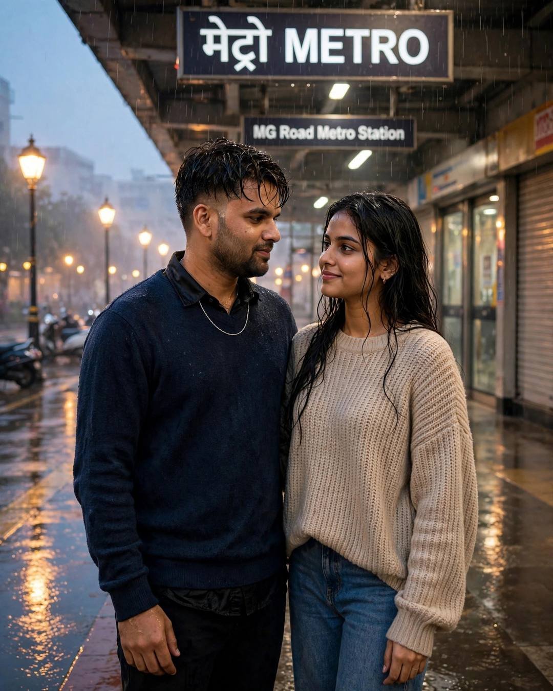 Crumbs and two empty plates, both leaning — Café Couple cinematic AI portrait: navy sweater over collared shirt, damp rain-wet hair at midnight metro station, cozy corners, bittersweet mood
