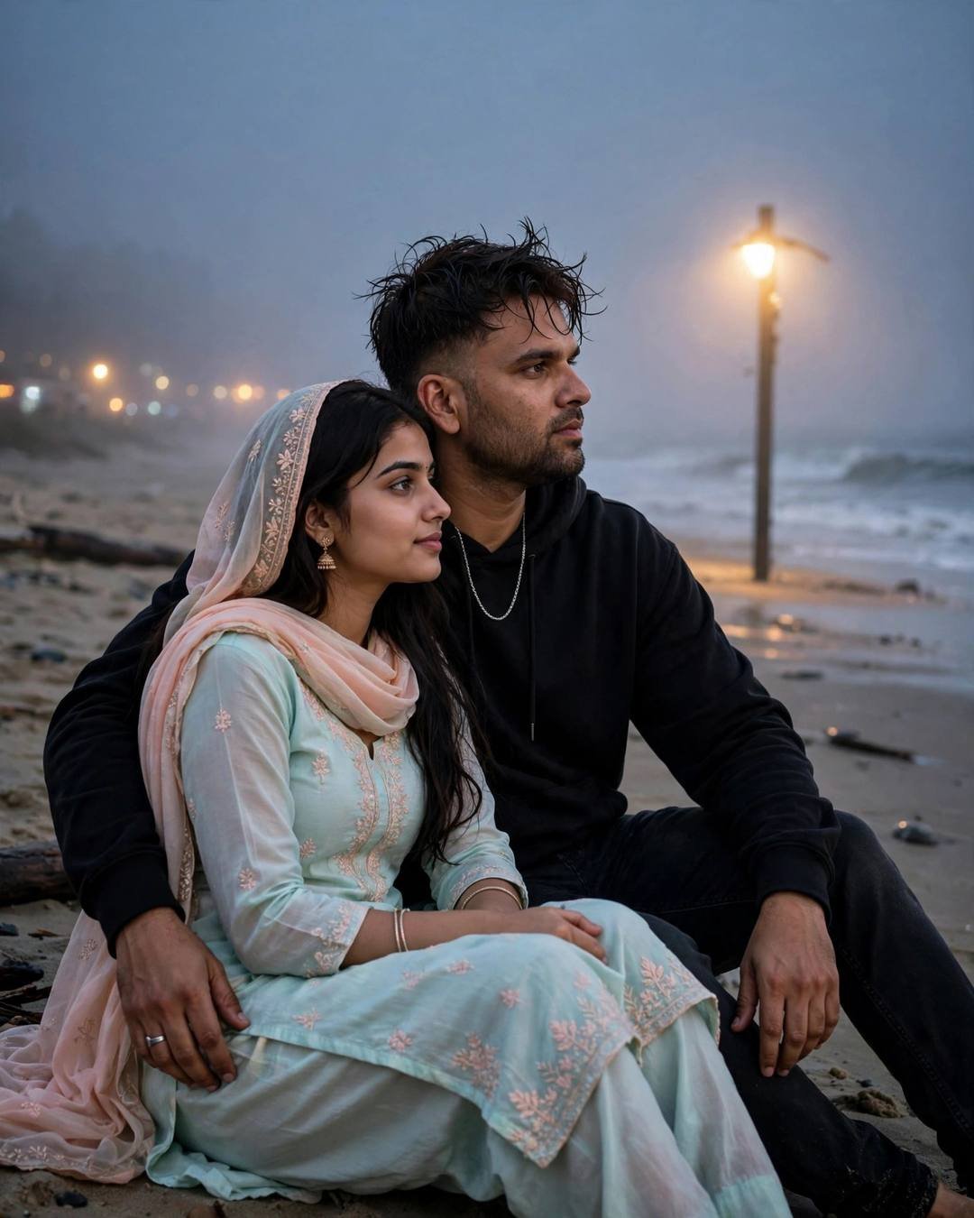 Cinematic Couple AI portrait — A dramatic dip in an abandoned art-deco, black oversized hoodie and dark jeans, towel-dried tousled hair, sitting on the sand watching the waves, his arm around her at deserted beach at dusk