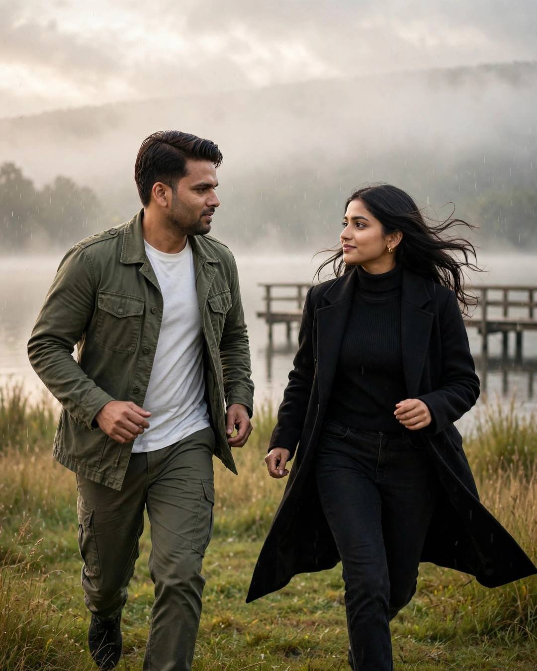 Couple Looking at Each Other AI portrait — Across a crowded wedding, the world blurred, olive field jacket, white tee, cargo pants, neatly combed side part, running toward each other across a sunlit field at quiet lake pier at dawn