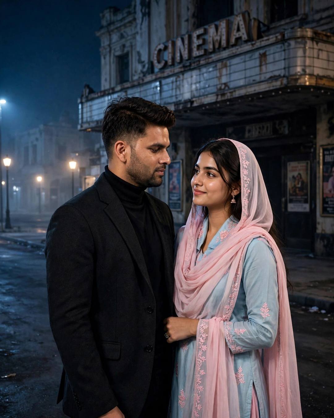 Couple Looking at Each Other AI portrait — In a lighthouse beam's slow sweep, darkness, charcoal blazer, black turtleneck, neatly combed side part, dancing slowly in an empty street under streetlights at abandoned cinema hall