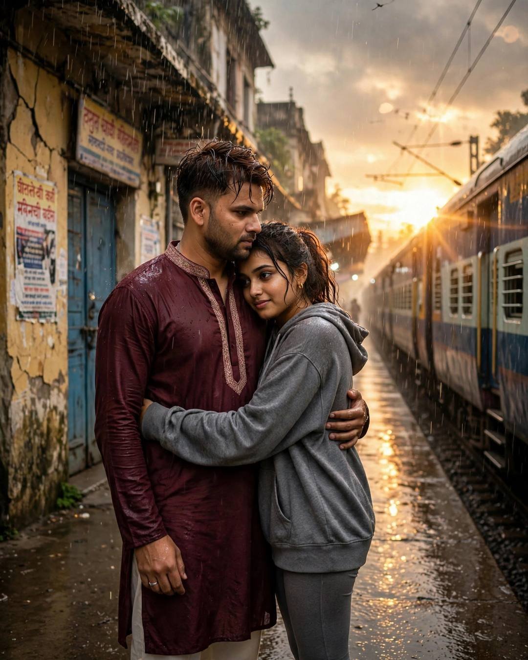 Couple Sitting Together AI portrait — Airport floor, backs against the wall, waiting, maroon kurta with cream churidar, towel-dried tousled hair, one last hug at a railway platform as the train waits at narrow old-city lane with peeling walls