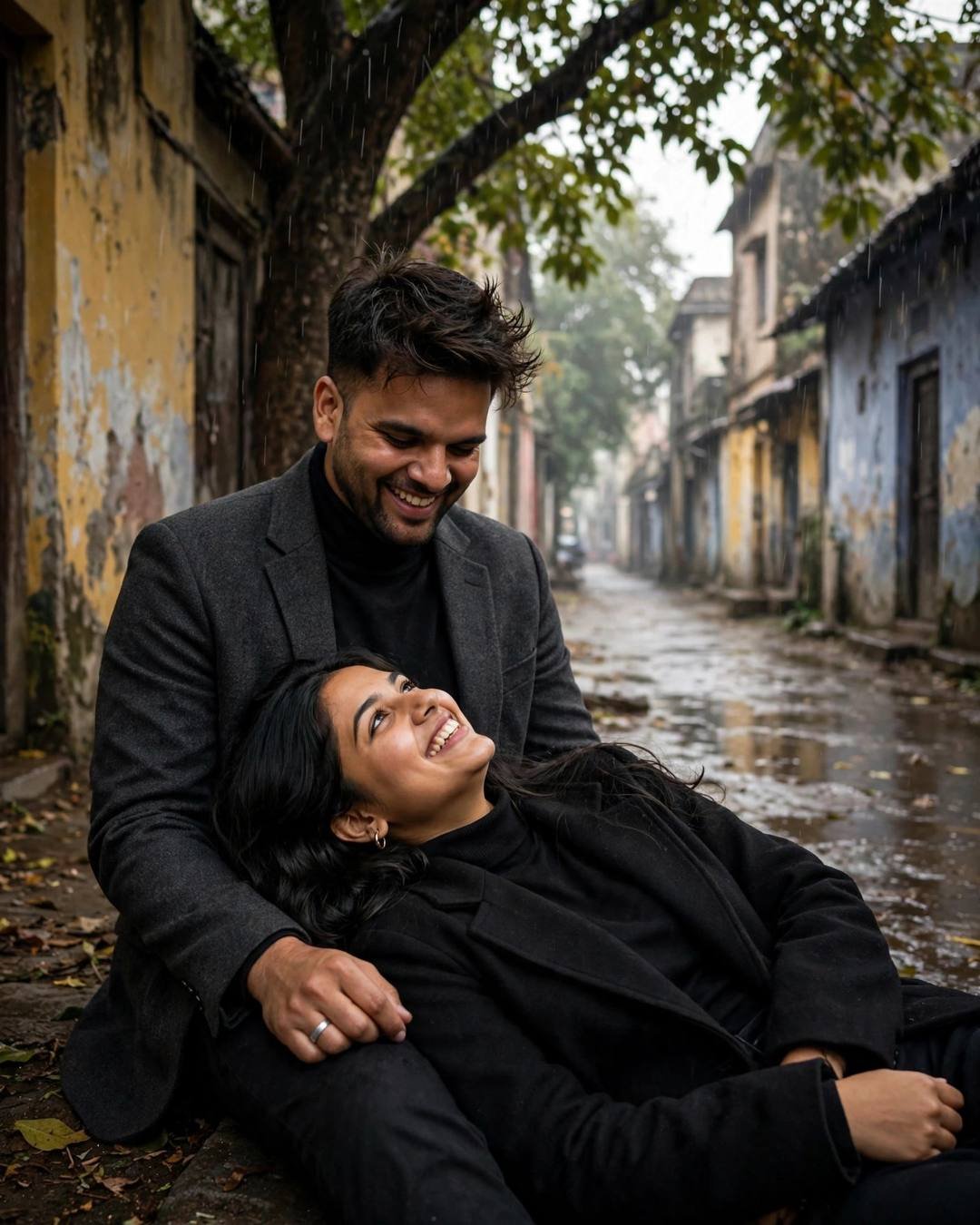 Couple Sitting Together AI portrait — A greenhouse bench among orchids, soft mist, charcoal blazer, black turtleneck, slightly messy morning hair, sitting under a tree, her head in his lap, both laughing softly at narrow old-city lane with peeling walls