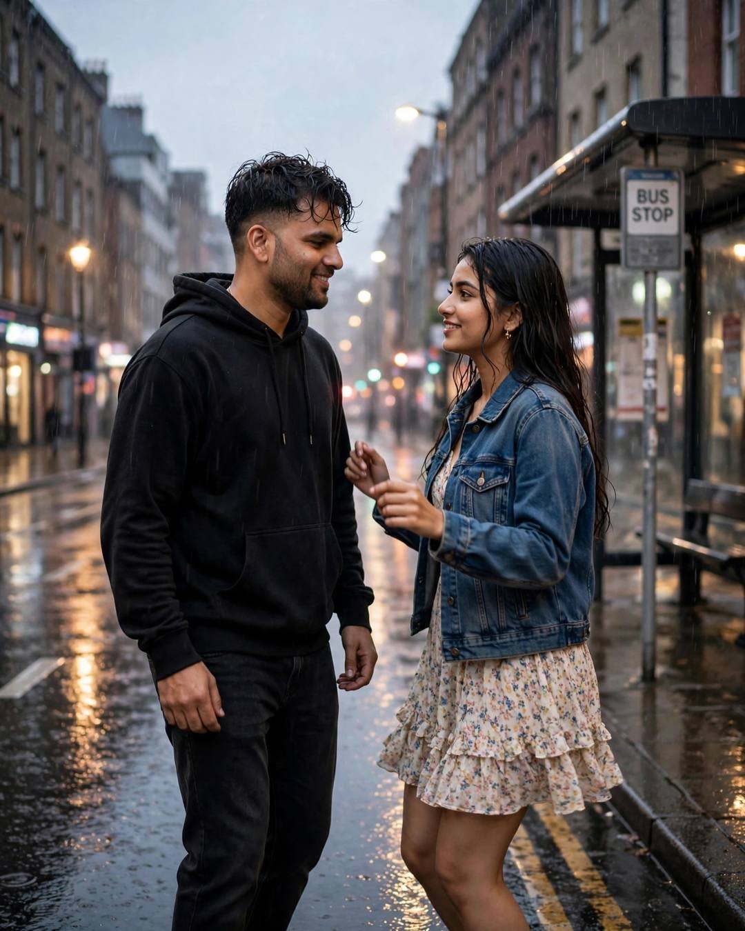 Couple Walking AI portrait — A misty morning jog path where her, black oversized hoodie and dark jeans, towel-dried tousled hair, dancing slowly in an empty street under streetlights at bus stop in the rain