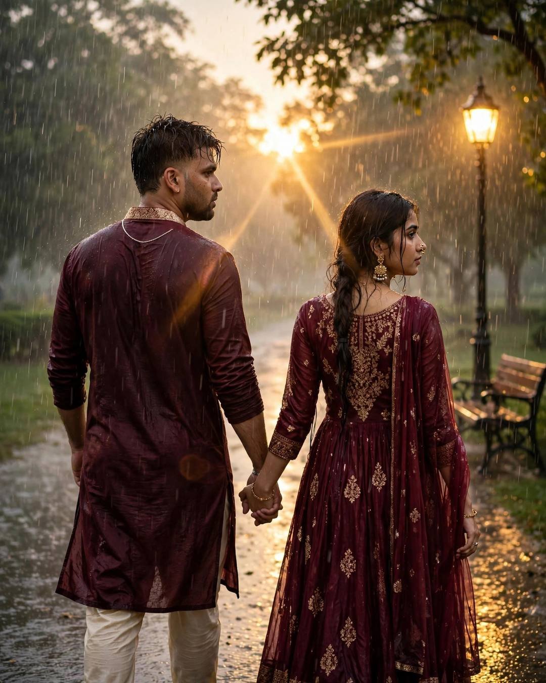 Couple Walking AI portrait — An evening beach walk with foam gently, maroon kurta with cream churidar, towel-dried tousled hair, walking hand in hand away from the camera into the distance at park bench under a lone lamp