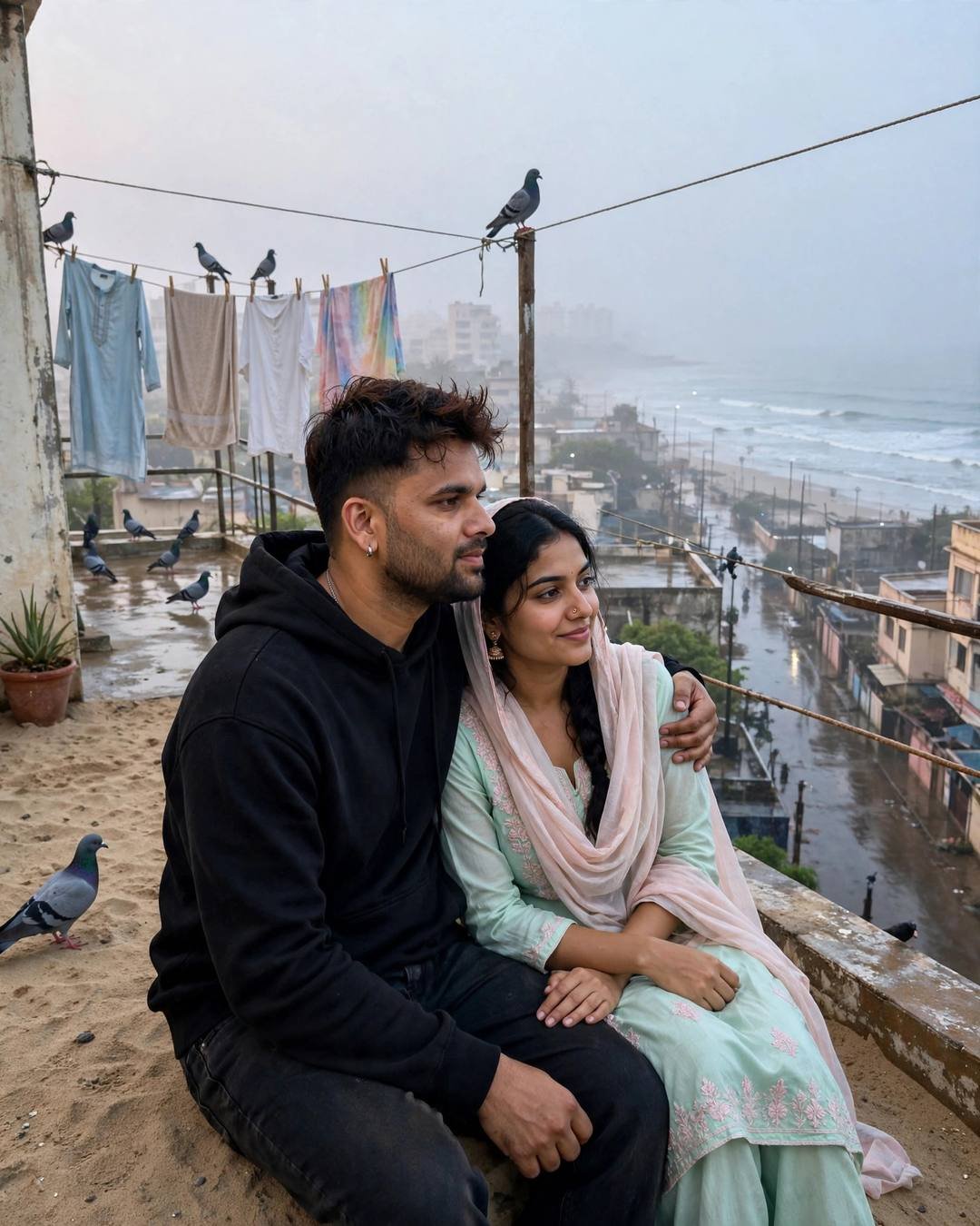 Couple Walking AI portrait — Barefoot on wet sand, waves chasing, black oversized hoodie and dark jeans, slightly messy morning hair, sitting on the sand watching the waves, his arm around her at terrace with drying clothes lines and pigeons