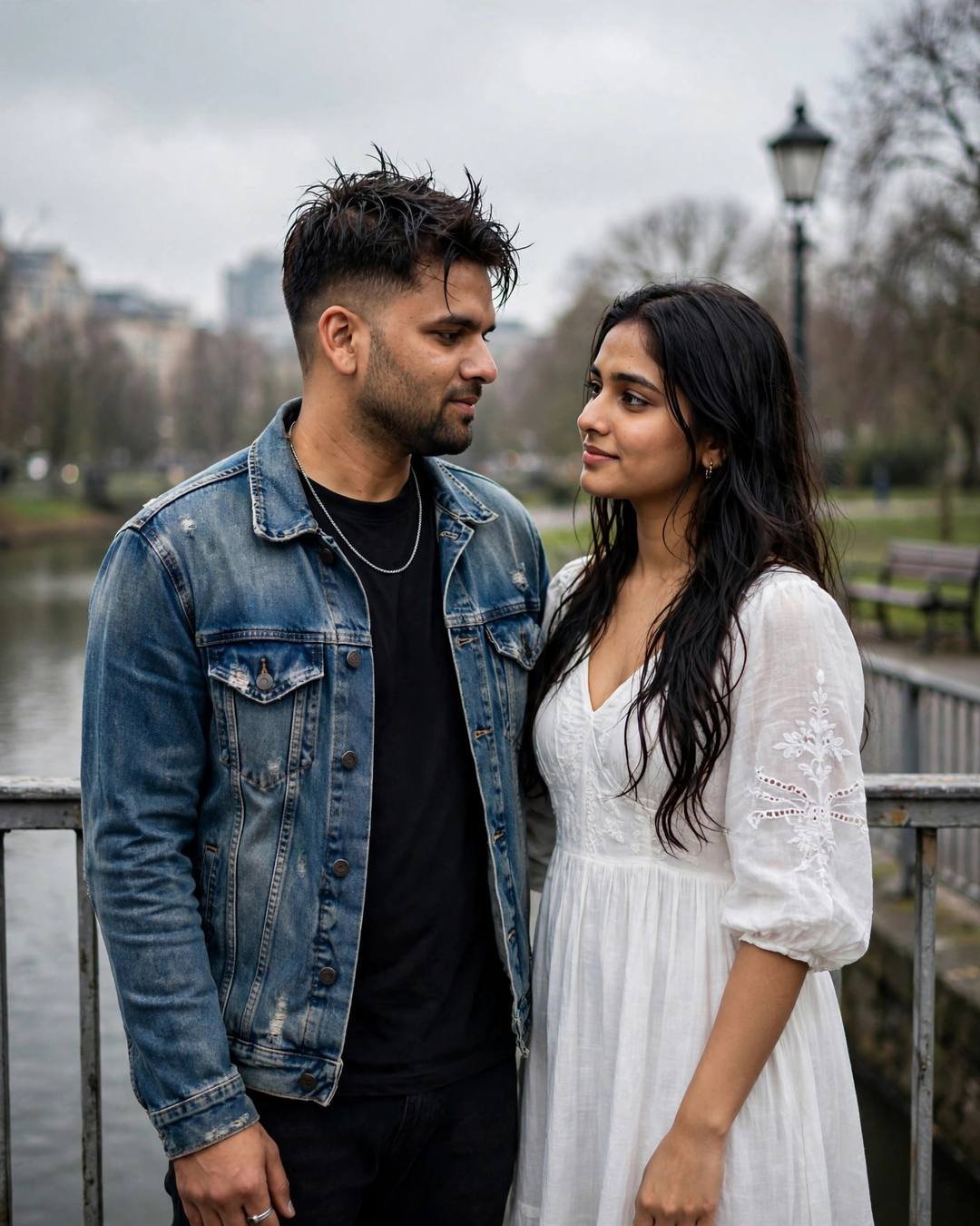 Couple Walking AI portrait — Through a sunflower maze with her peeking, distressed denim jacket over black tee, towel-dried tousled hair, standing on a bridge, looking at each other while the city blurs at park bench under a lone lamp