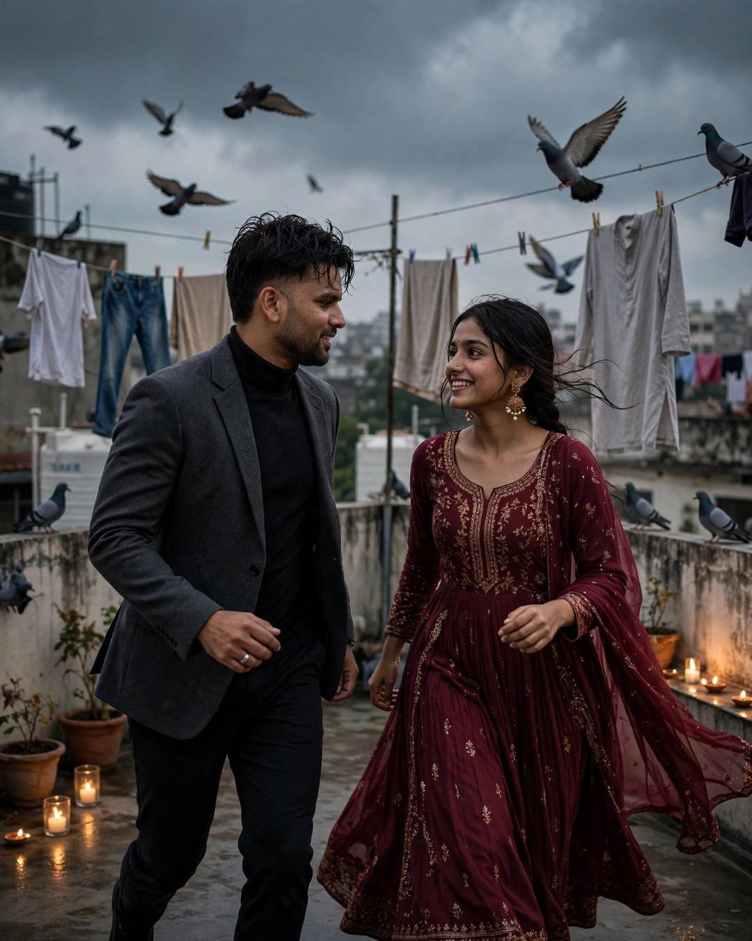 Couple laughing and moving toward each other on a terrace with clotheslines and pigeons, man in charcoal blazer and black turtleneck, woman in maroon anarkali with jhumkas