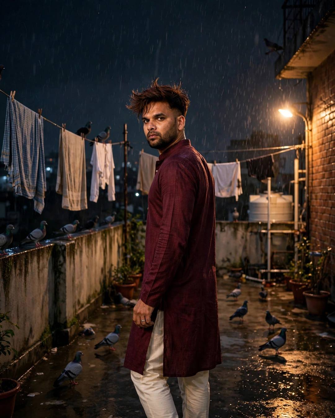 Crouched beside a rusted gate with eyes — Dark Cinematic cinematic AI portrait: maroon kurta with cream churidar, windswept textured hair at terrace with drying clothes lines and pigeons, shadows with stories, hopeful mood