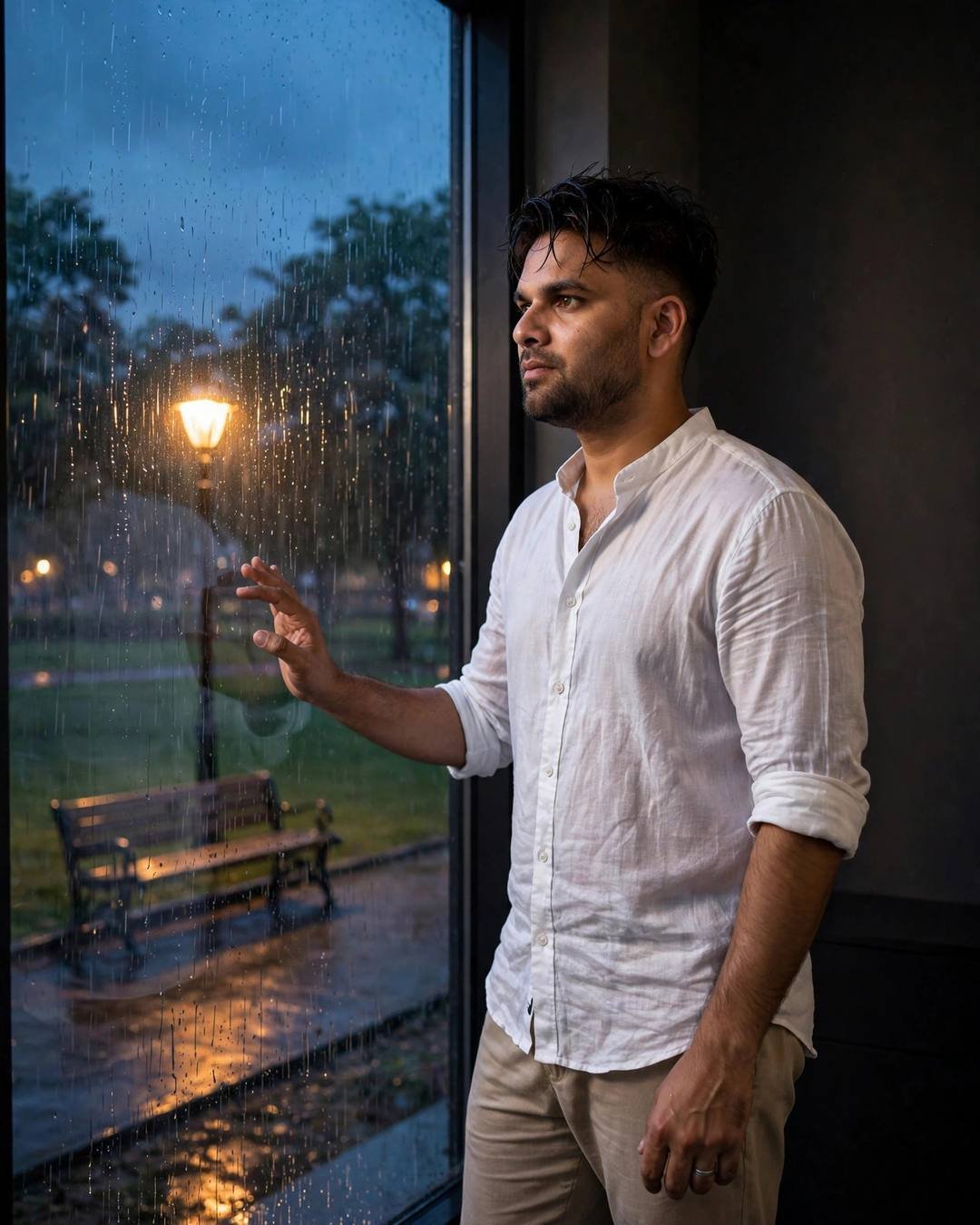 Standing in a doorway half swallowed by — Dark Cinematic cinematic AI portrait: white linen shirt with rolled sleeves, beige trousers, towel-dried tousled hair at park bench under a lone lamp, shadows with stories, hopeful mood