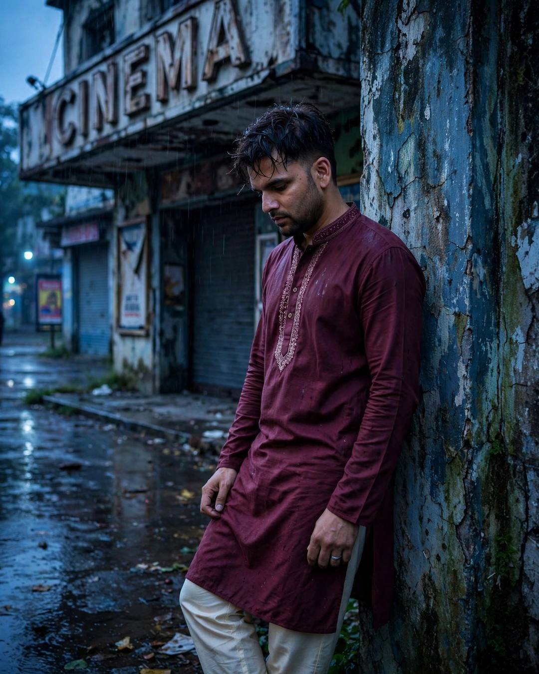 A streetlamp flickering above him as he — Dark Cinematic cinematic AI portrait: maroon kurta with cream churidar, towel-dried tousled hair at abandoned cinema hall, shadows with stories, aching mood