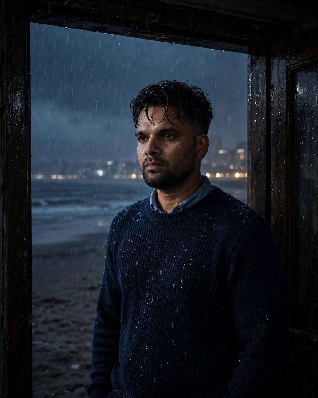 His reflection splitting across a rain-puddled street — Dark Cinematic cinematic AI portrait: navy sweater over collared shirt, damp rain-wet hair at dusk, shadows with stories, tender mood