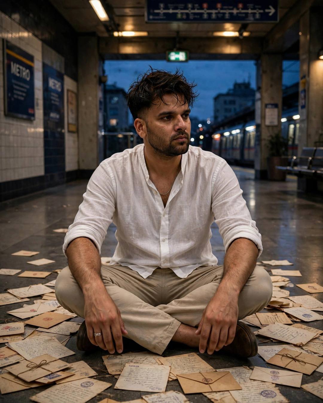 Young man in a white linen shirt and beige trousers sitting cross-legged on a midnight metro station floor surrounded by old handwritten letters