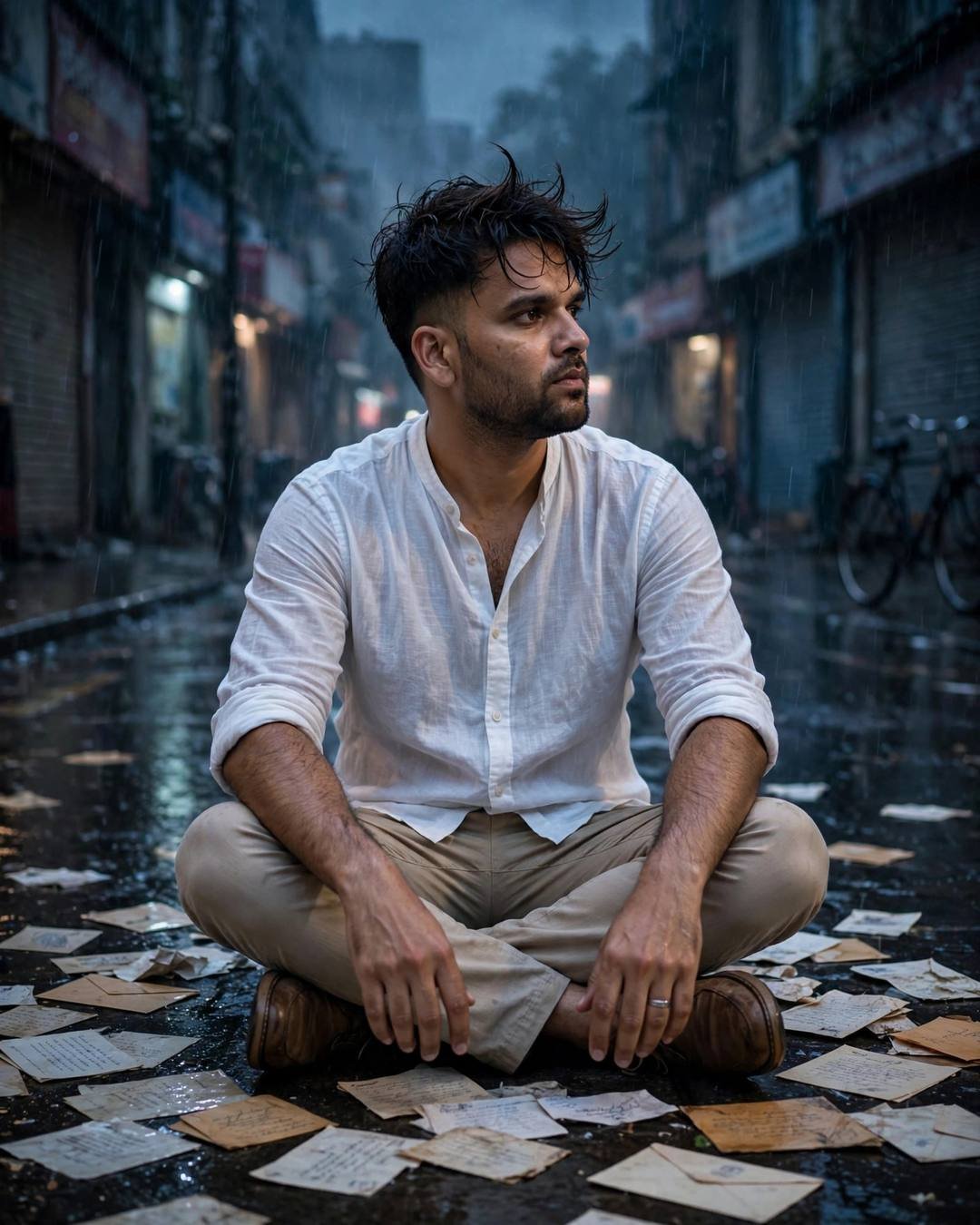 Young man in a white linen shirt and beige trousers sitting cross-legged on a rain-soaked city street at midnight surrounded by old letters in blue-hour light