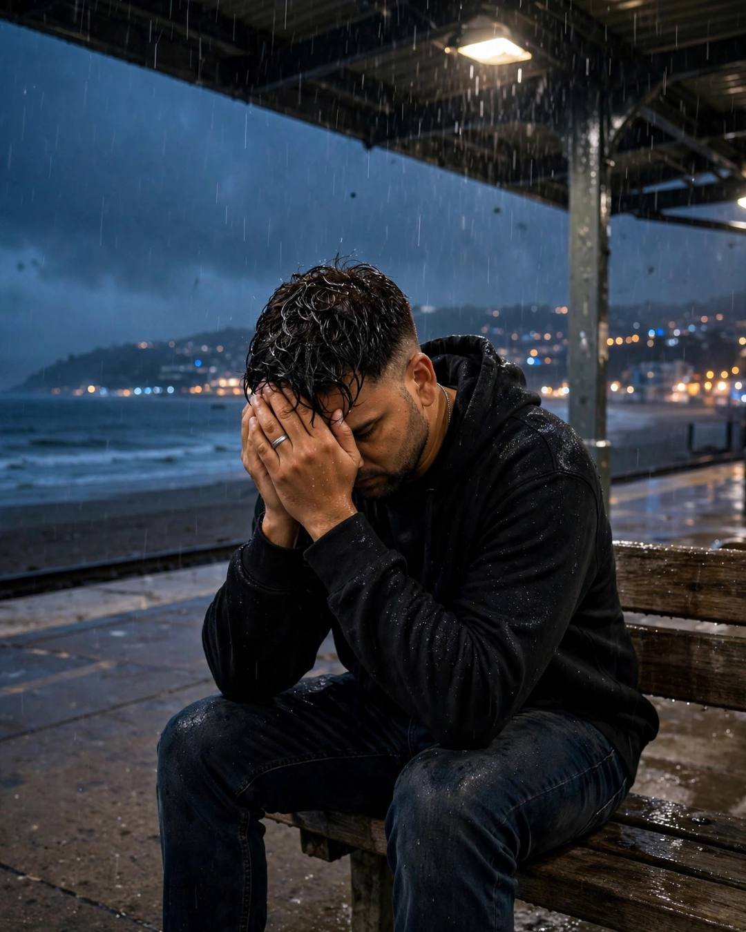 Young Indian man in black oversized hoodie and dark jeans, rain-wet hair, sitting head in hands on a bench at a deserted beach at dusk in the rain