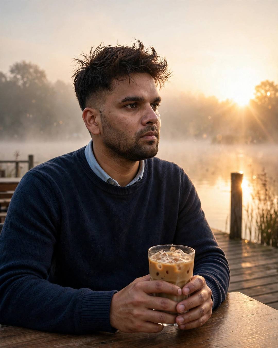 Young Indian man in navy sweater over collared shirt at a foggy lake pier at dawn, holding an iced coffee, gazing away with a tearful, thoughtful expression