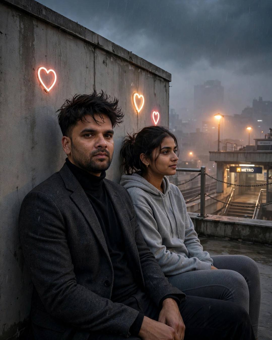 Couple sitting backs against a rooftop wall above a midnight metro station, man in charcoal blazer and black turtleneck, woman in grey hoodie and leggings, sharing silence in fog