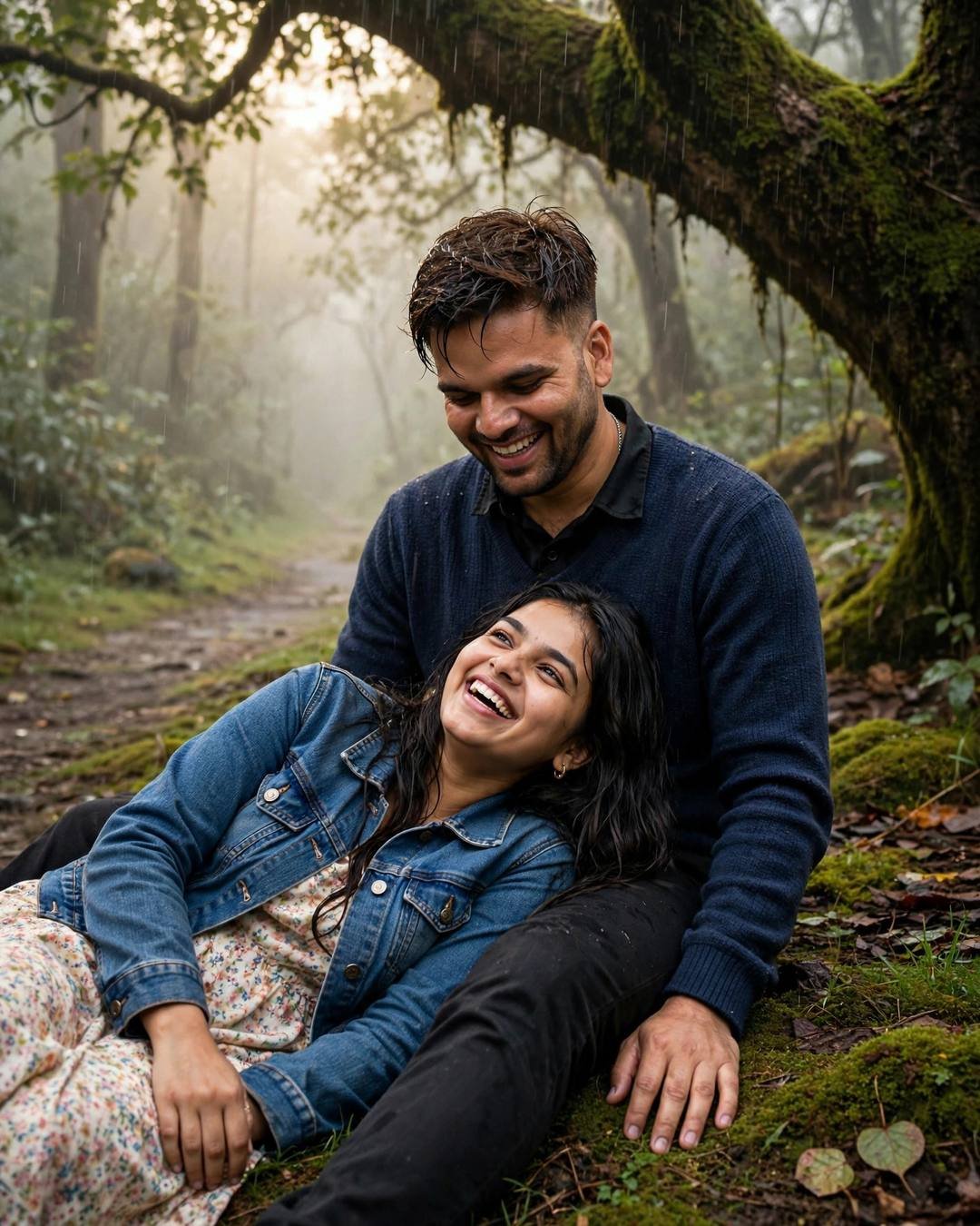 Couple under a mossy tree on a misty forest path, man in navy sweater over collared shirt, woman in denim jacket over floral dress with her head in his lap, both laughing