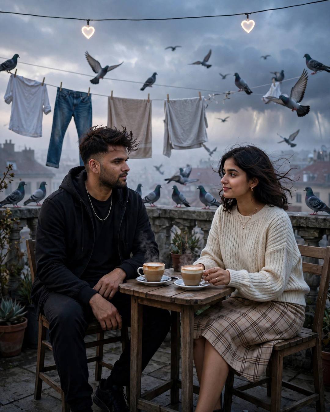 Couple sharing coffee at dawn on a terrace with clotheslines and pigeons, man in all-black streetwear and woman in cream knit top and plaid skirt