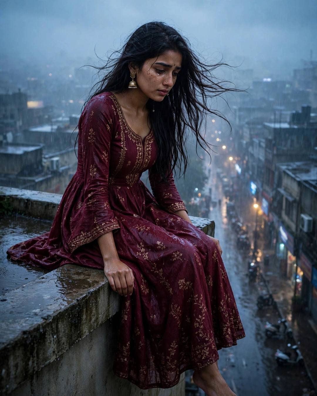 Young Indian woman in maroon anarkali with gold embroidery and jhumkas, loose hair in the breeze, sitting tearfully on a rooftop ledge above a rain-soaked city street