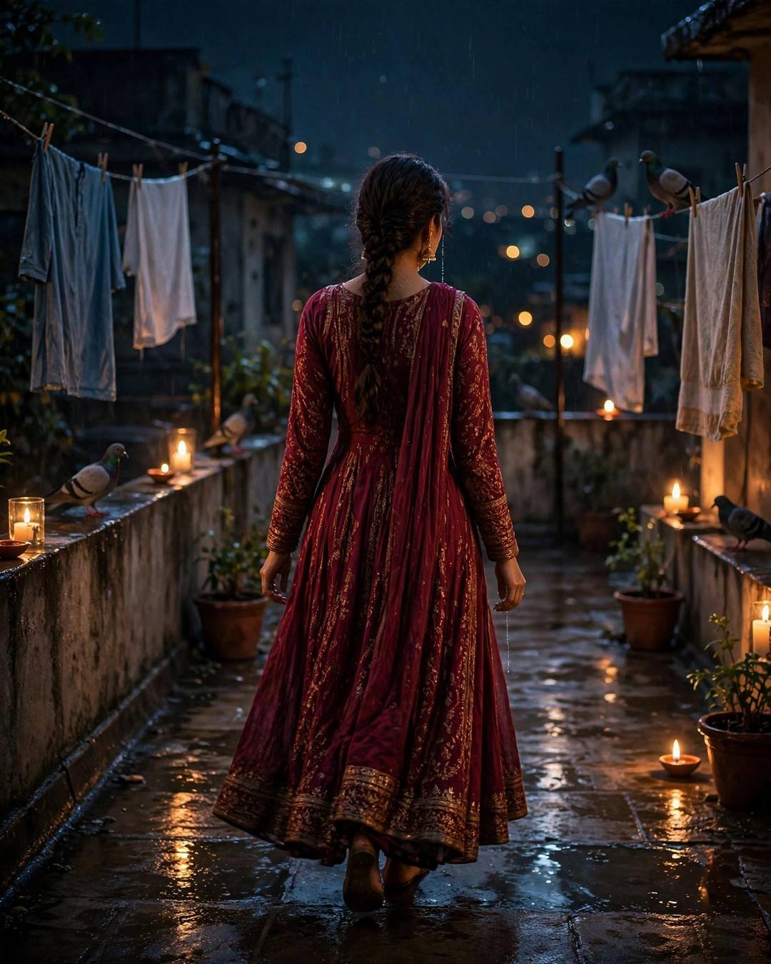 Young Indian woman in maroon anarkali with long braid over one shoulder, walking away on a wet terrace with clothes lines, pigeons and candles at midnight