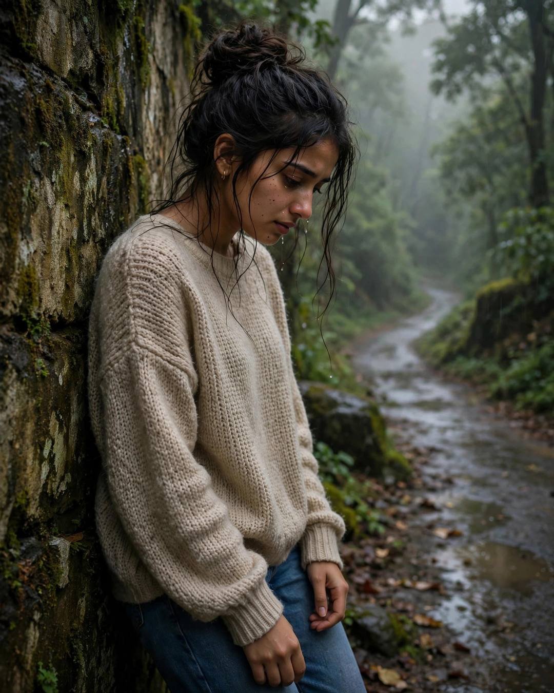 Young Indian woman in oversized beige sweater and jeans, messy bun, leaning tearfully against a weathered mossy wall beside a misty forest path