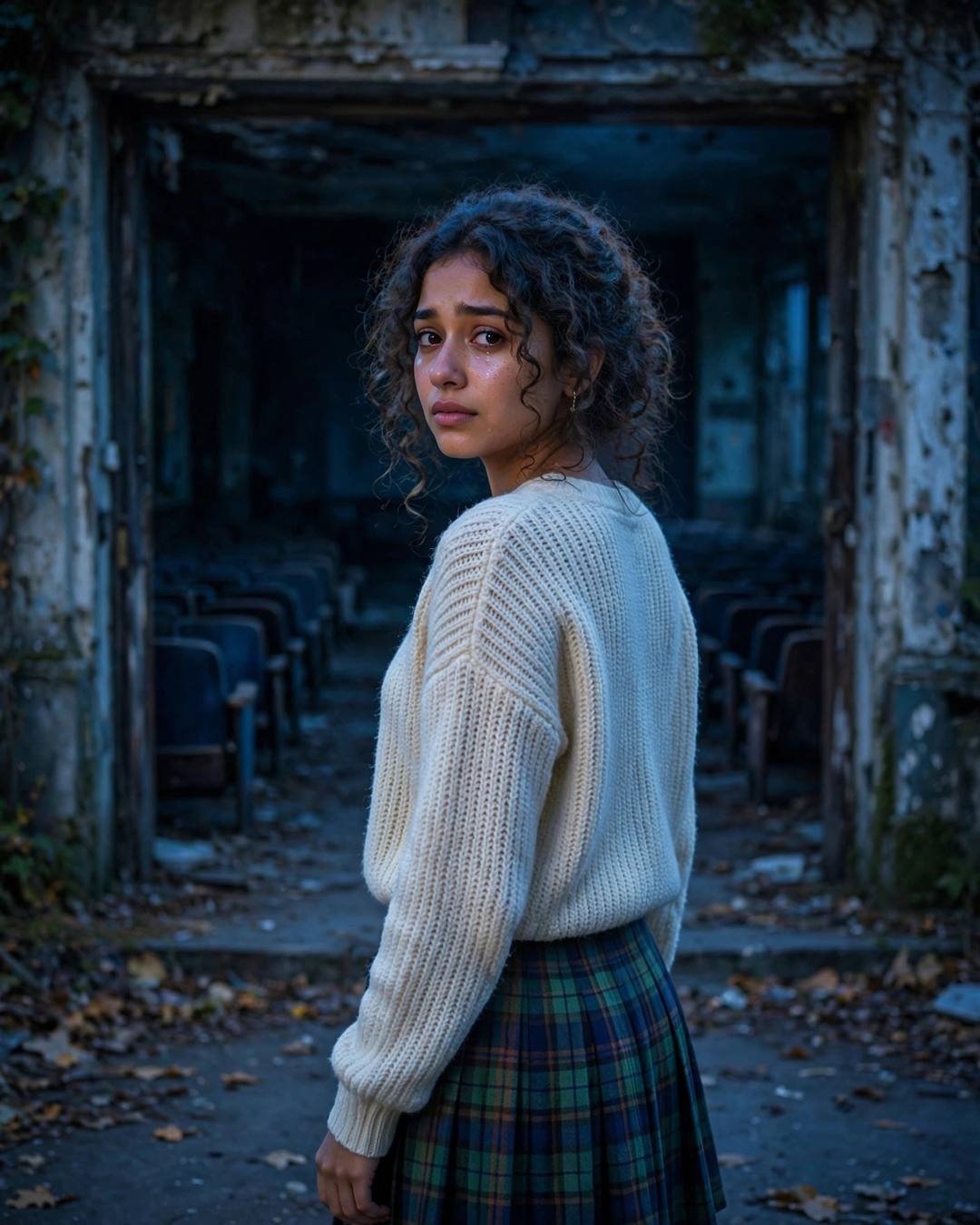 Young Indian woman in cream knit top and plaid skirt, soft curls, looking back over her shoulder with tears of relief outside an abandoned cinema hall at blue hour
