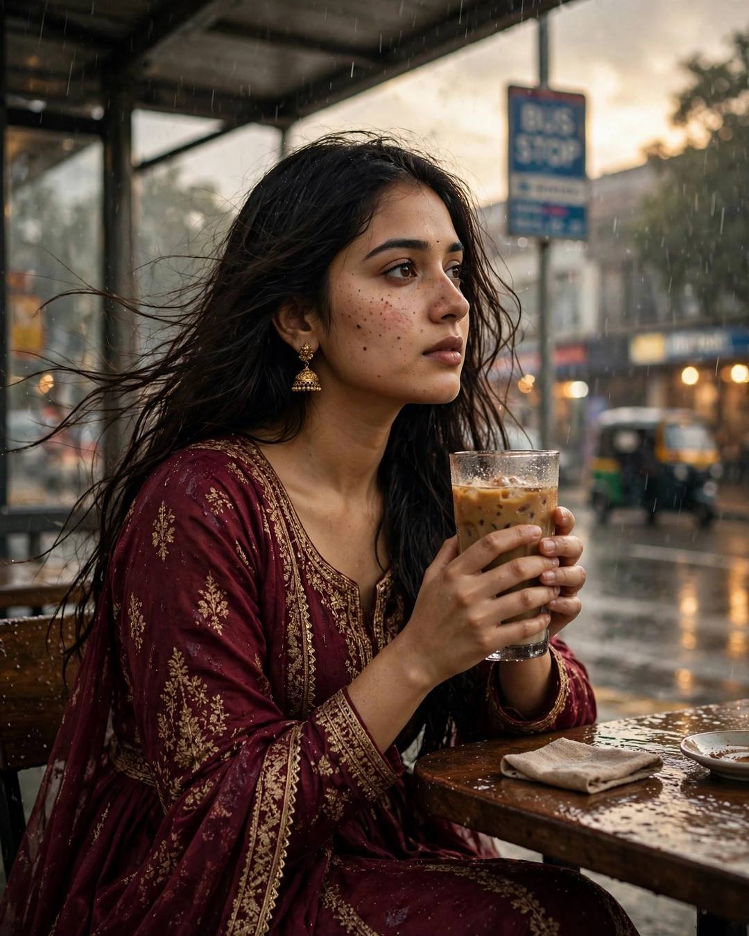 Cinematic AI portrait of a young Indian woman — the old wooden swing creaking gently in — at sitting at a cafe table, cradling a cold coffee, lost in thought at bus stop in the rain, memories that still feel, bittersweet mood