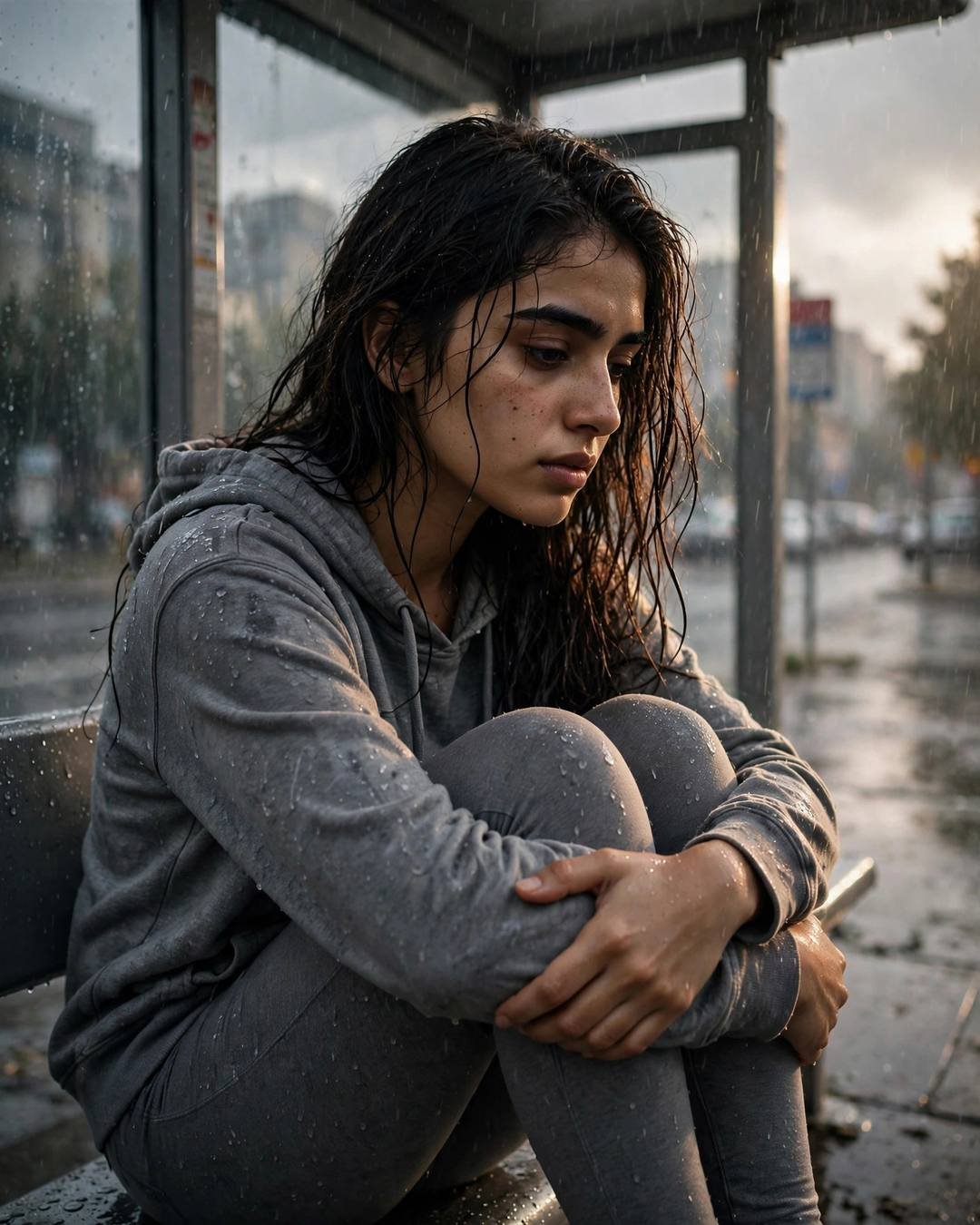 Cinematic AI portrait of a young Indian woman — her mother's half-used kajal stick that she — at sitting with knees drawn up, arms wrapped around legs at bus stop in the rain, memories that still feel, passionate mood