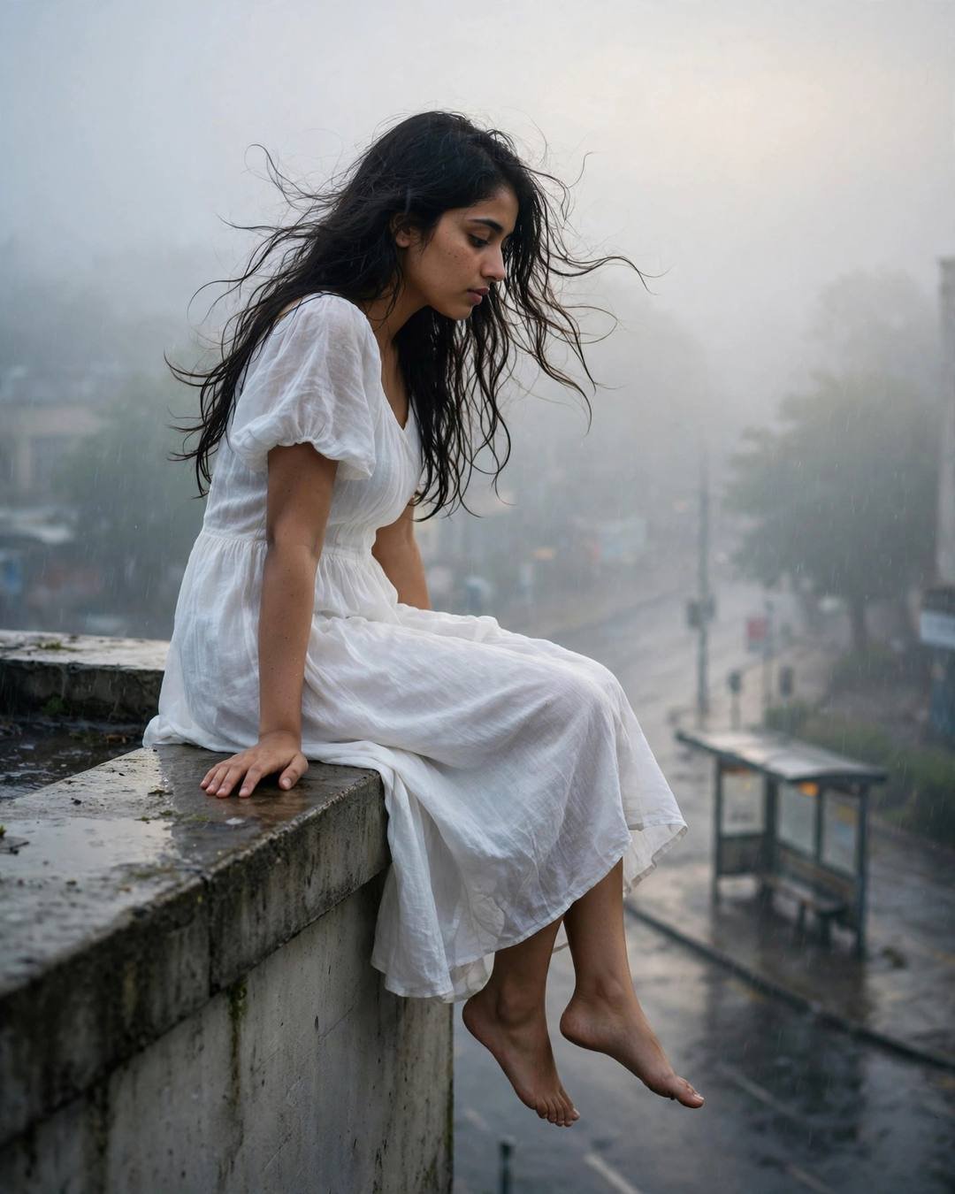 Cinematic AI portrait of a young Indian woman — her grandmother's old recipe book with pages — at sitting on a rooftop ledge, legs dangling over the edge at bus stop in the rain, memories that still feel, bittersweet mood