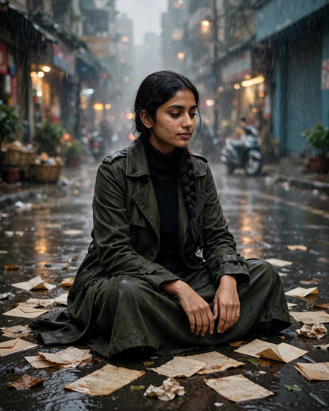 Cinematic AI portrait of a young Indian woman — her mother's gold bangles chiming softly on — at sitting cross-legged on the floor surrounded by old letters at rain-soaked city street, memories that still feel, fragile mood