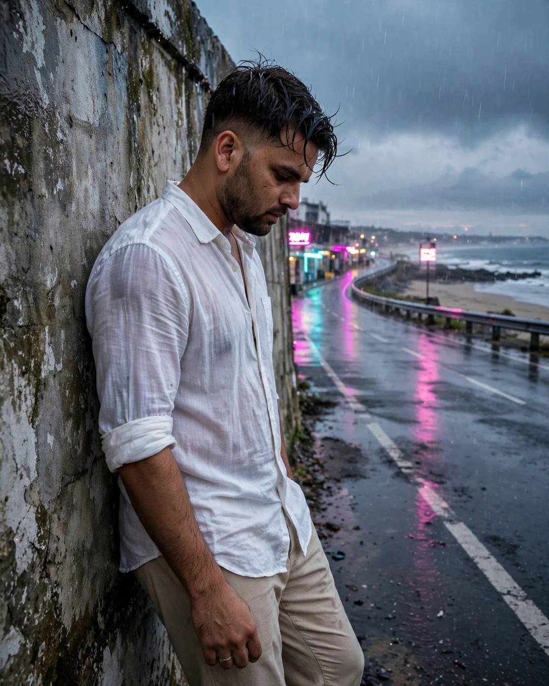 Wiping dust off a weathered milestone naming — Empty Road cinematic AI portrait: white linen shirt with rolled sleeves, beige trousers, damp rain-wet hair at dusk, solitude on the highway, serene mood