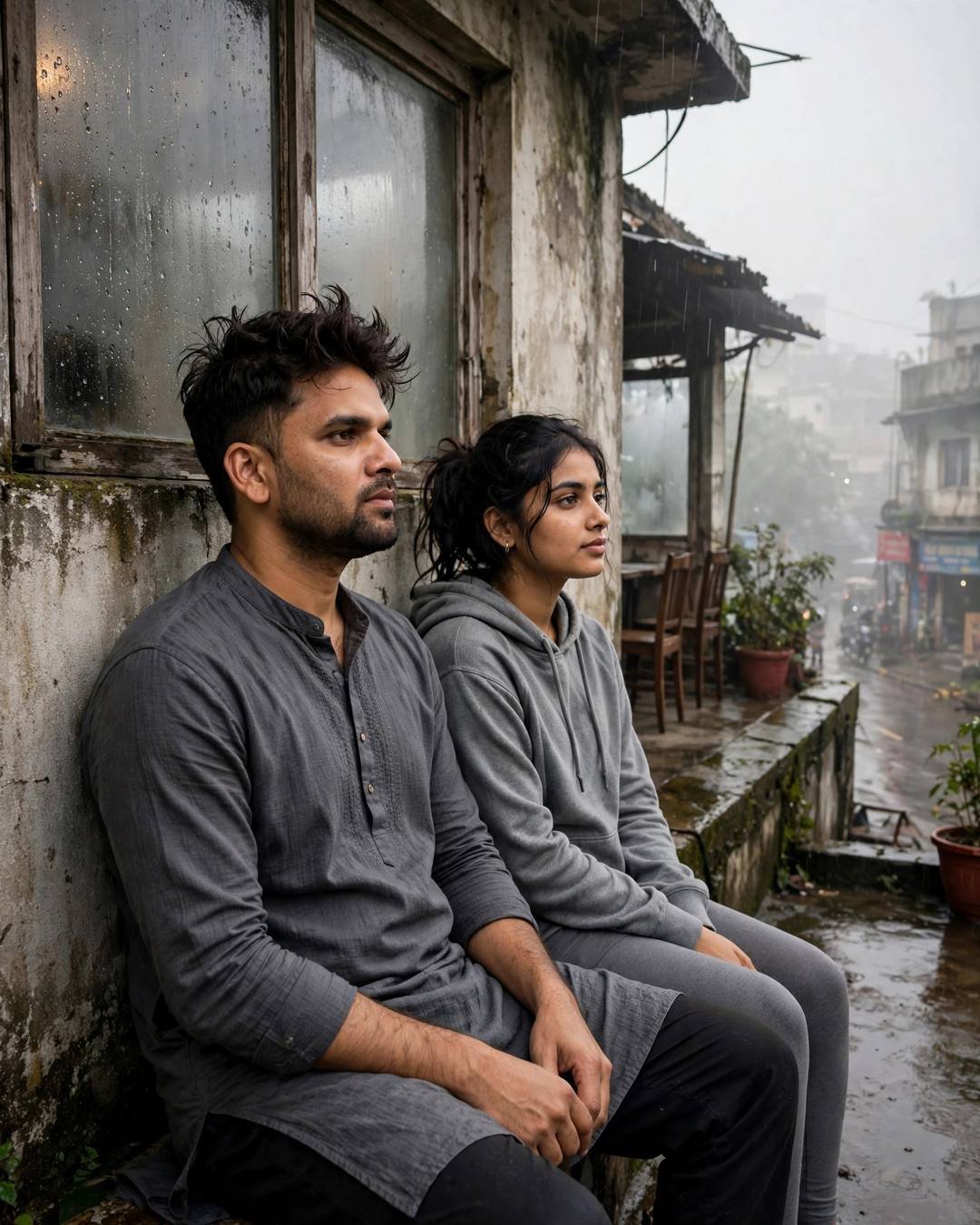 Cinematic AI photograph of a couple — their first real conversation happening over dinner — at sitting on a rooftop, backs against the wall, sharing silence at old cafe by a fogged window, where it all began, fragile mood
