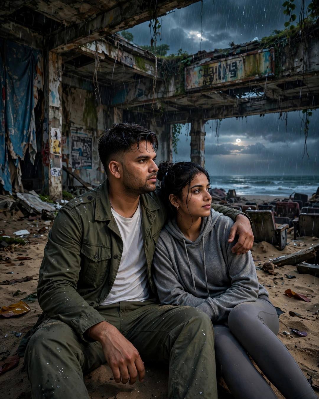 Cinematic AI photograph of a couple — cycling home together every single evening down — at sitting on the sand watching the waves, his arm around her at abandoned cinema hall, where it all began, bittersweet mood