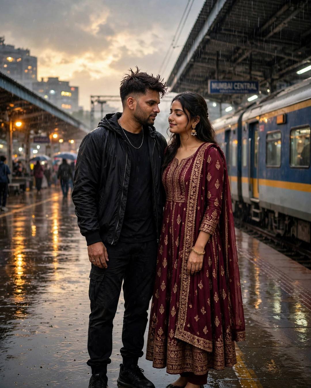 Cinematic AI photograph of a couple — stealing shy glances during the long morning — at one last hug at a railway platform as the train waits at rain-soaked city street, where it all began, serene mood