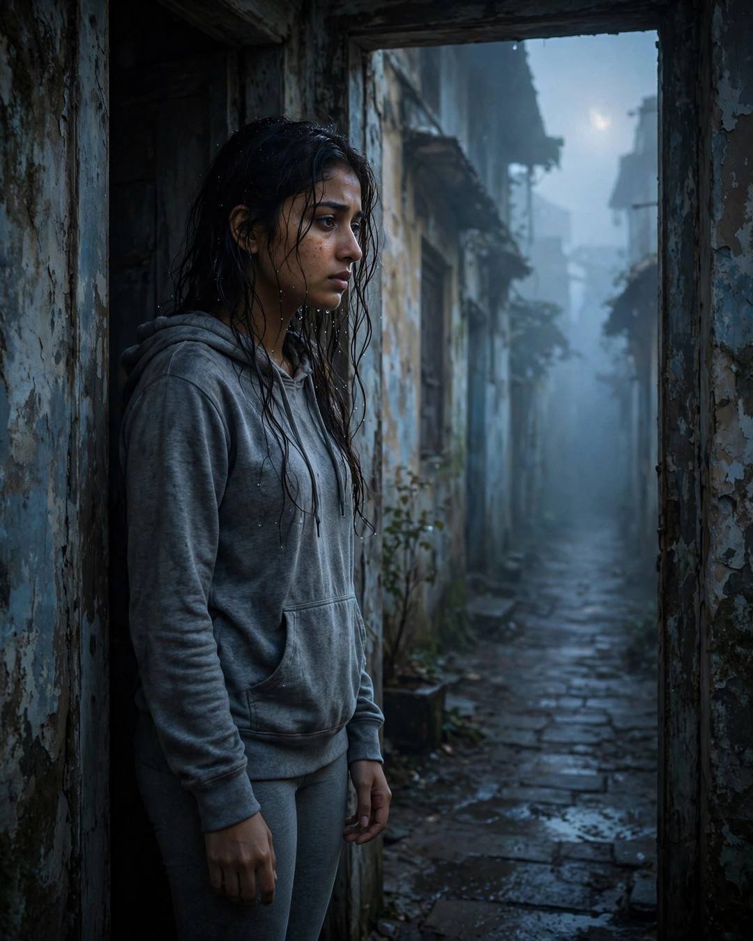 Young Indian woman in a grey hoodie standing half in shadow in a foggy old-city doorway at dawn